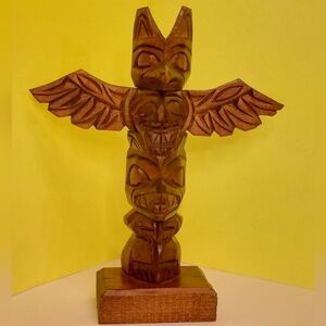 DANNY JAMES Carved & Stained Totem Pole Depicting Thunderbird & Bear 6.75 in. H.